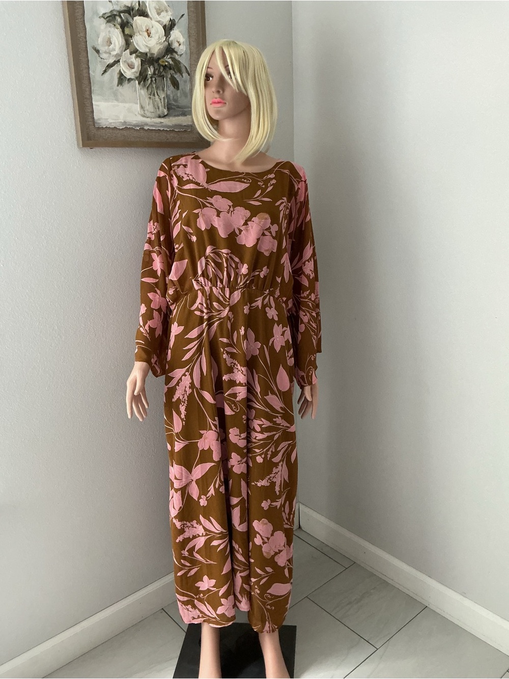 Brown Floral Maxi Dress with Pink Print